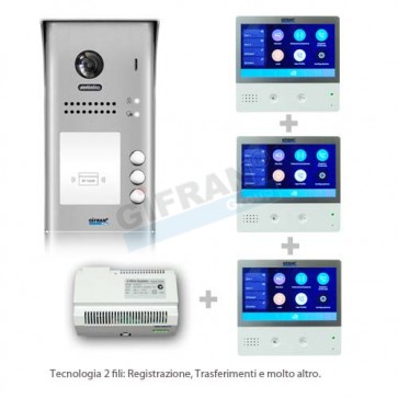 videocitofono monofamiliare 2 fili prezzo in offerta. Kit pulsantiera e monitor 7' Touch screen collegamento due fili non polarizzati su BUS. Videocitofoni professionali per ville o condomini. Funzione Trasferimento GSM, Registrazione in Memoria, Interfon
