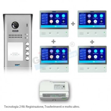 videocitofono monofamiliare 2 fili prezzo in offerta. Kit pulsantiera e monitor 7' Touch screen collegamento due fili non polarizzati su BUS. Videocitofoni professionali per ville o condomini. Funzione Trasferimento GSM, Registrazione in Memoria, Interfon